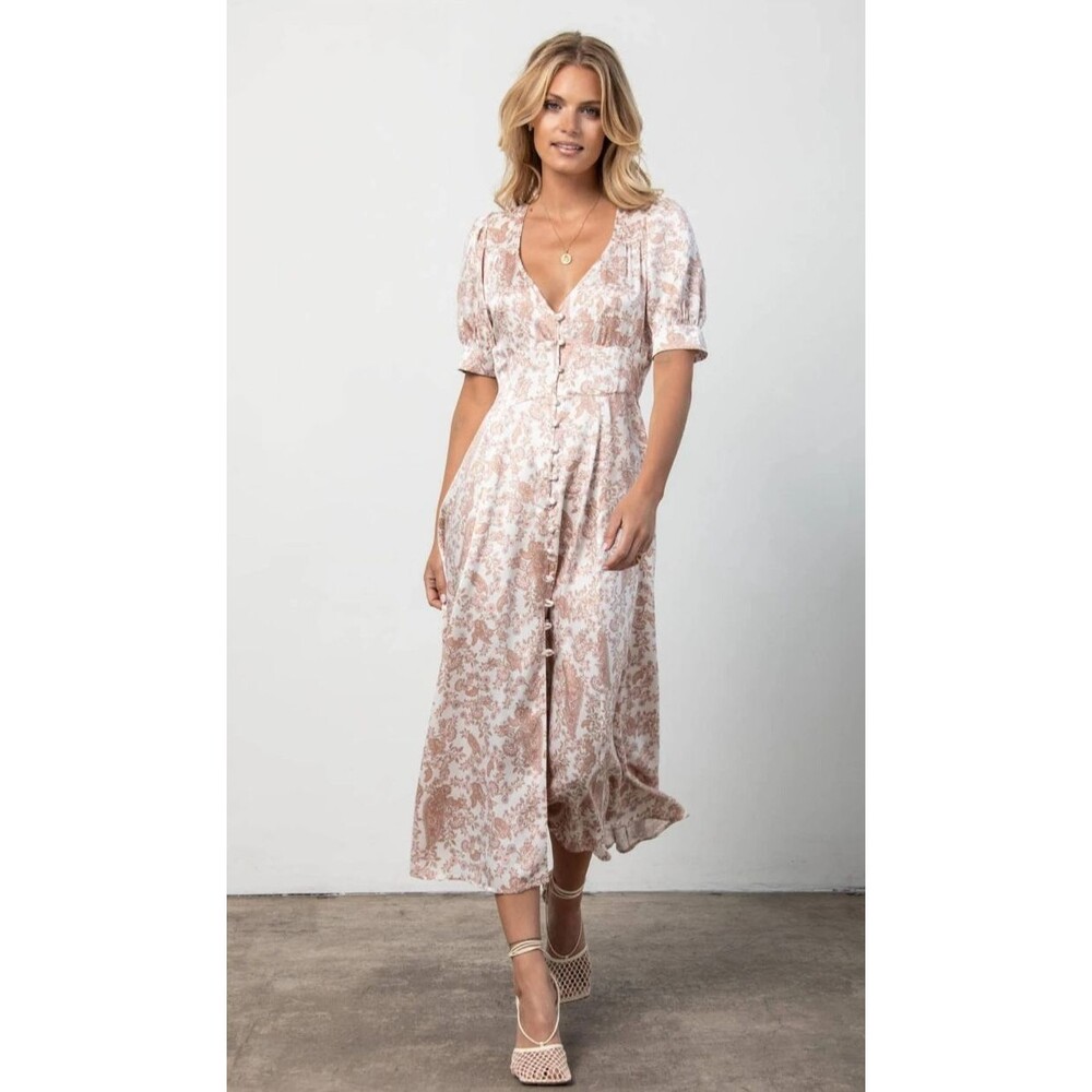 d'Offay Aster Silk Maxi Dress XS Light Paisley Button Front Short Puff Sleeves